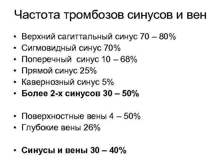 Частота тромбозов синусов и вен • • • Верхний сагиттальный синус 70 – 80%