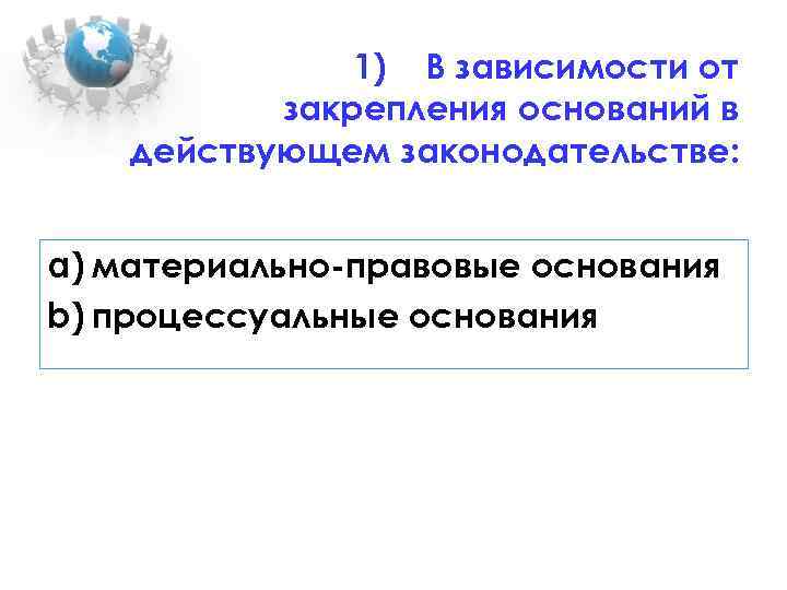 1) В зависимости от закрепления оснований в действующем законодательстве: a) материально-правовые основания b) процессуальные