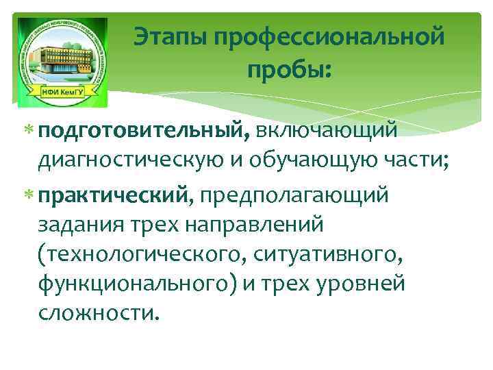 Этапы профессиональной пробы: подготовительный, включающий диагностическую и обучающую части; практический, предполагающий задания трех направлений