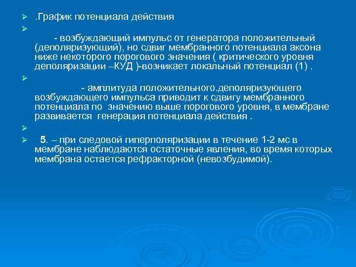 Ø Ø Ø . График потенциала действия возбуждающий импульс от генератора положительный (деполяризующий), но