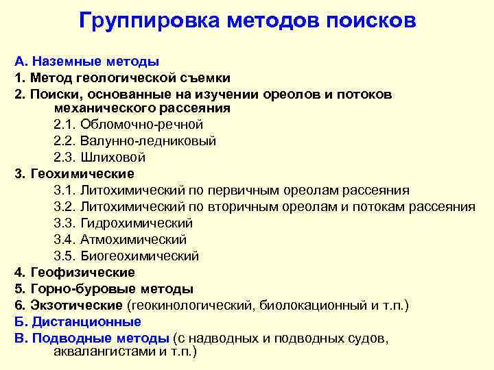 Группировка методов поисков А. Наземные методы 1. Метод геологической съемки 2. Поиски, основанные на