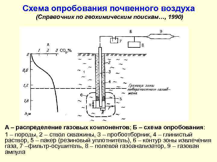 Схема опробования почвенного воздуха (Справочник по геохимическим поискам…, 1990) А – распределение газовых компонентов;