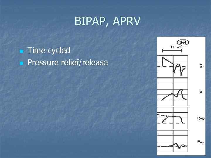 BIPAP, APRV BIPAP n n Time cycled Pressure relief/release 