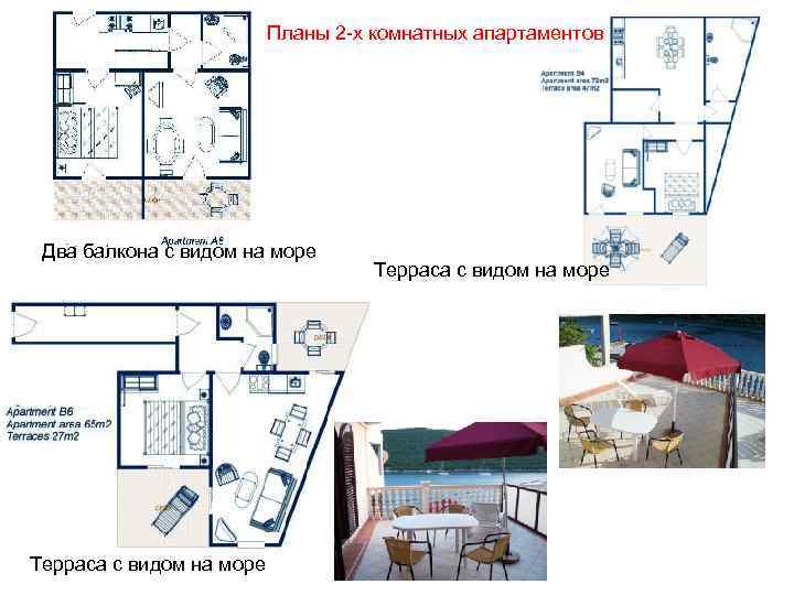 Планы 2 -х комнатных апартаментов Два балкона с видом на море Терраса с видом