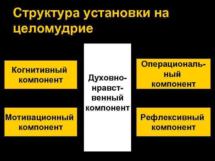 Структура установки на целомудрие Когнитивный компонент Мотивационный компонент Духовнонравственный компонент Операциональный компонент Рефлексивный компонент