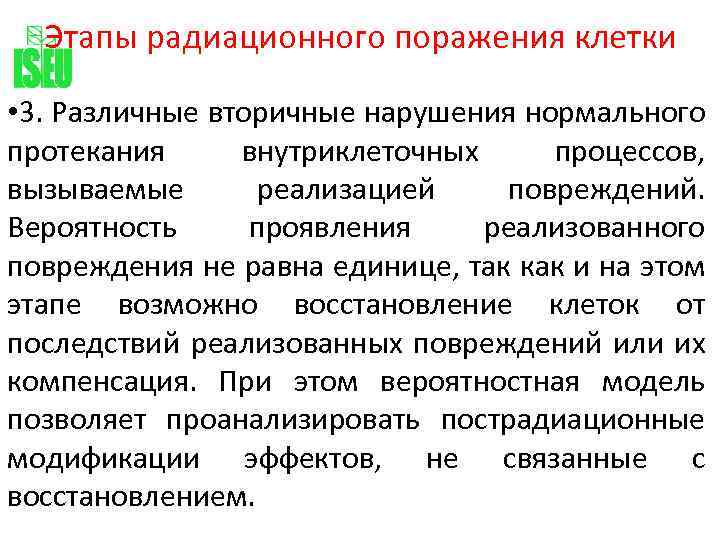 Этапы радиационного поражения клетки • 3. Различные вторичные нарушения нормального протекания внутриклеточных процессов, вызываемые