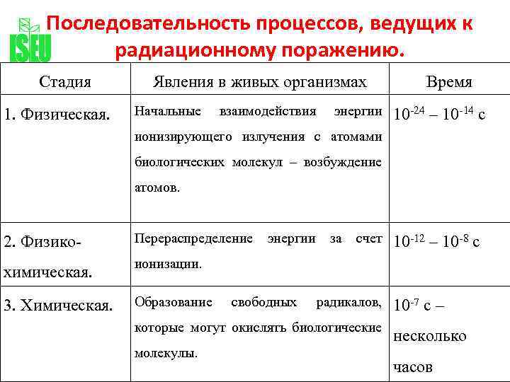 Последовательность процессов, ведущих к радиационному поражению. Стадия 1. Физическая. Явления в живых организмах Начальные