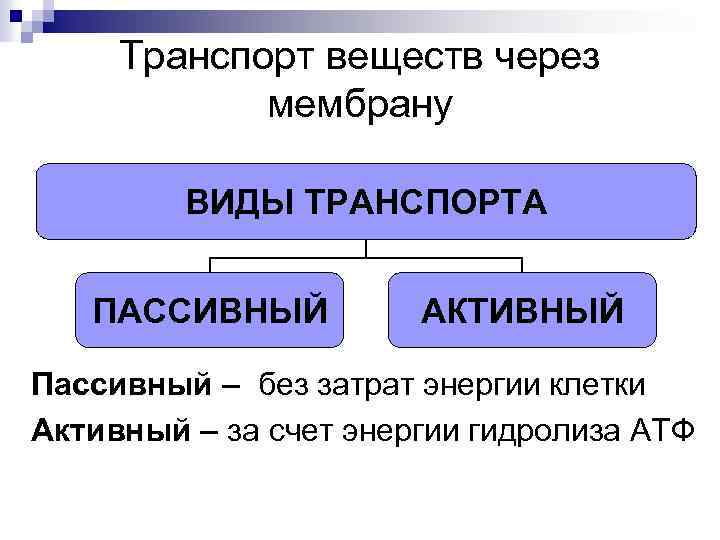 Транспорт веществ через мембрану ВИДЫ ТРАНСПОРТА ПАССИВНЫЙ АКТИВНЫЙ Пассивный – без затрат энергии клетки