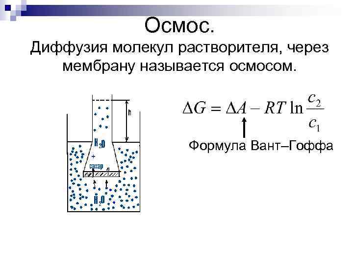 Осмос. Диффузия молекул растворителя, через мембрану называется осмосом. Формула Вант–Гоффа 