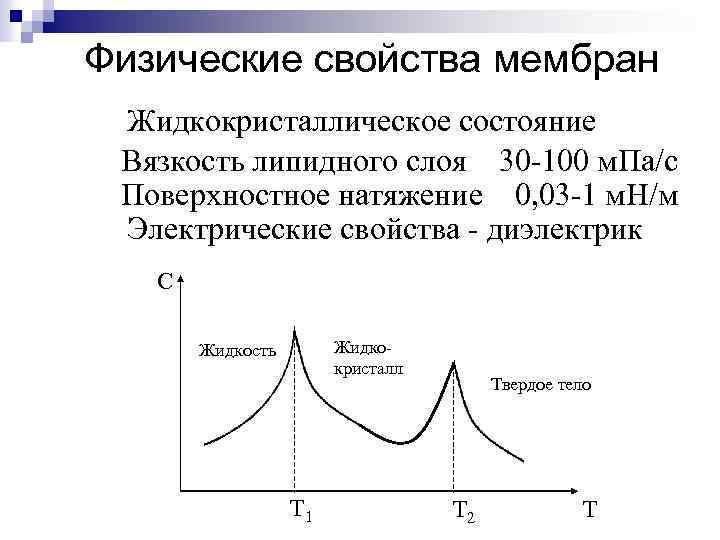 Физические свойства мембран Жидкокристаллическое состояние Вязкость липидного слоя 30 -100 м. Па/с Поверхностное натяжение