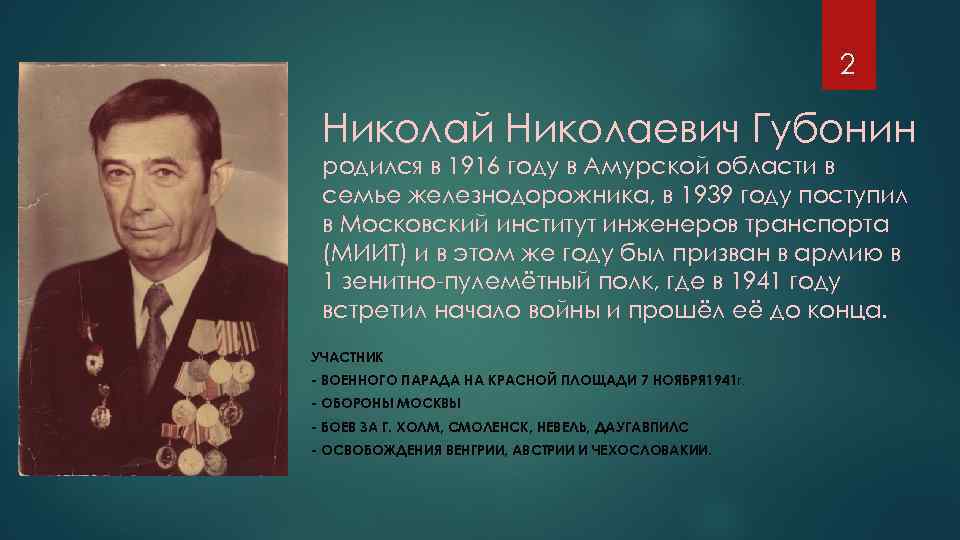 2 Николай Николаевич Губонин родился в 1916 году в Амурской области в семье железнодорожника,