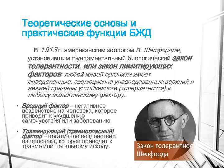 Теоретические основы и практические функции БЖД В 1913 г. американским зоологом В. Шелфордом, установившим