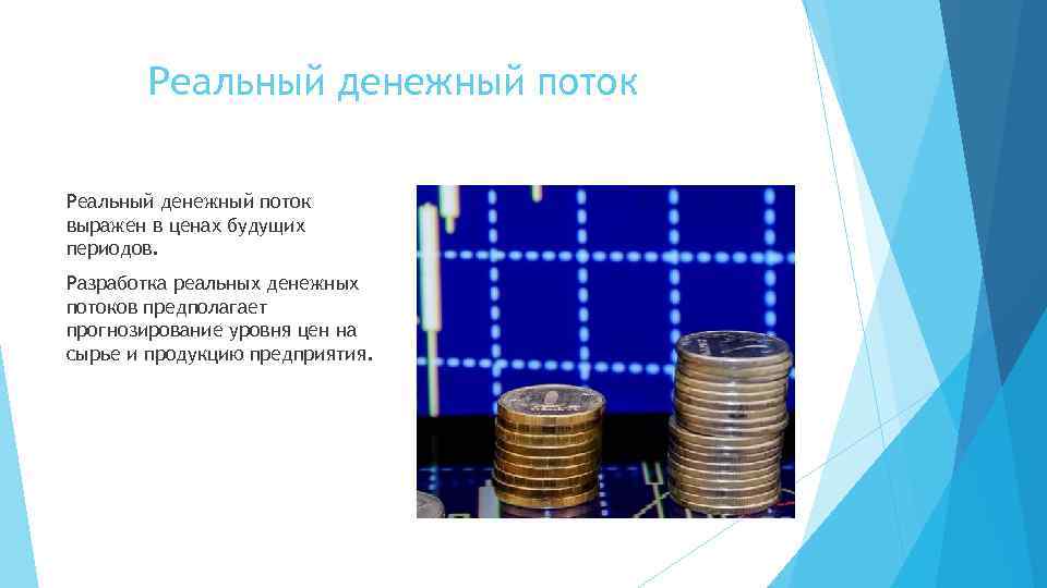 Реальный денежный поток выражен в ценах будущих периодов. Разработка реальных денежных потоков предполагает прогнозирование