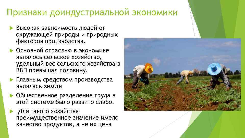 Признаки доиндустриальной экономики Высокая зависимость людей от окружающей природы и природных факторов производства. Основной