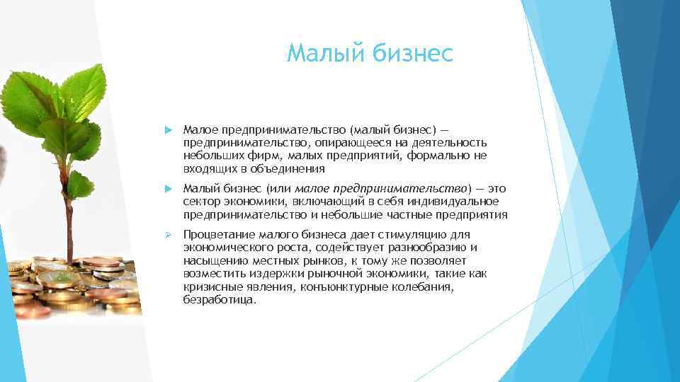 Малый бизнес Малое предпринимательство (малый бизнес) — предпринимательство, опирающееся на деятельность небольших фирм, малых