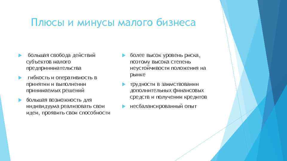 Плюсы и минусы малого бизнеса гибкость и оперативность в принятии и выполнении принимаемых решений