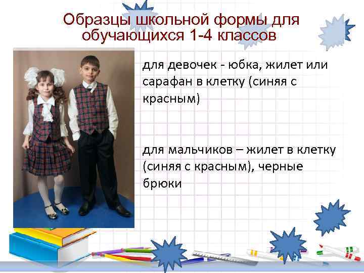 Образцы школьной формы для обучающихся 1 -4 классов для девочек - юбка, жилет или