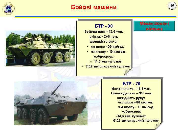 16 Бойові машини БТР - 80 бойова вага - 13, 6 тон. екіпаж -