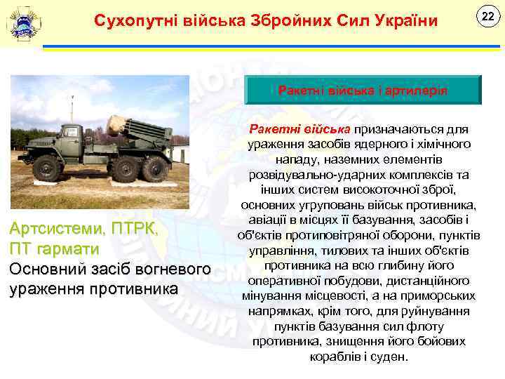 Сухопутні війська Збройних Сил України Ракетні війська і артилерія Артсистеми, ПТРК, ПТ гармати Основний