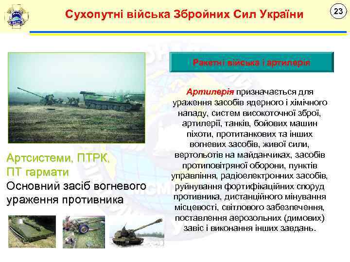 Сухопутні війська Збройних Сил України Ракетні війська і артилерія Артсистеми, ПТРК, ПТ гармати Основний