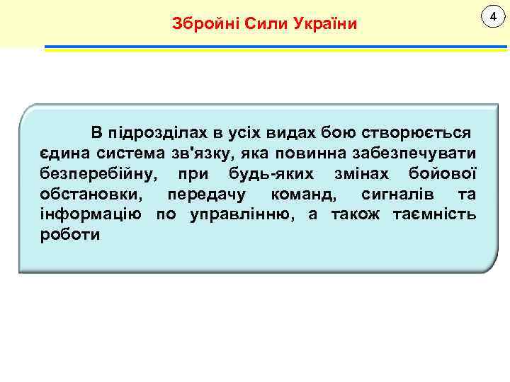 Збройні Сили України В підрозділах в усіх видах бою створюється єдина система зв'язку, яка