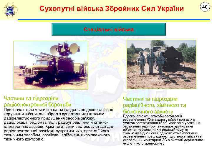 Сухопутні війська Збройних Сил України 40 Спеціальні війська Частини та підрозділи радіоелектронної боротьби Призначаються