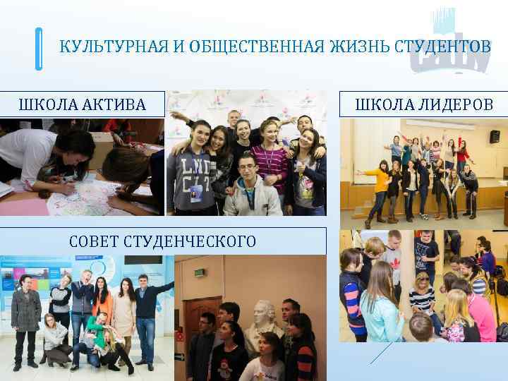 КУЛЬТУРНАЯ И ОБЩЕСТВЕННАЯ ЖИЗНЬ СТУДЕНТОВ ШКОЛА АКТИВА СОВЕТ СТУДЕНЧЕСКОГО САМОУПРАВЛЕНИЯ ШКОЛА ЛИДЕРОВ 