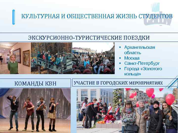 КУЛЬТУРНАЯ И ОБЩЕСТВЕННАЯ ЖИЗНЬ СТУДЕНТОВ ЭКСКУРСИОННО-ТУРИСТИЧЕСКИЕ ПОЕЗДКИ § Архангельская область § Москва § Санкт-Петербург