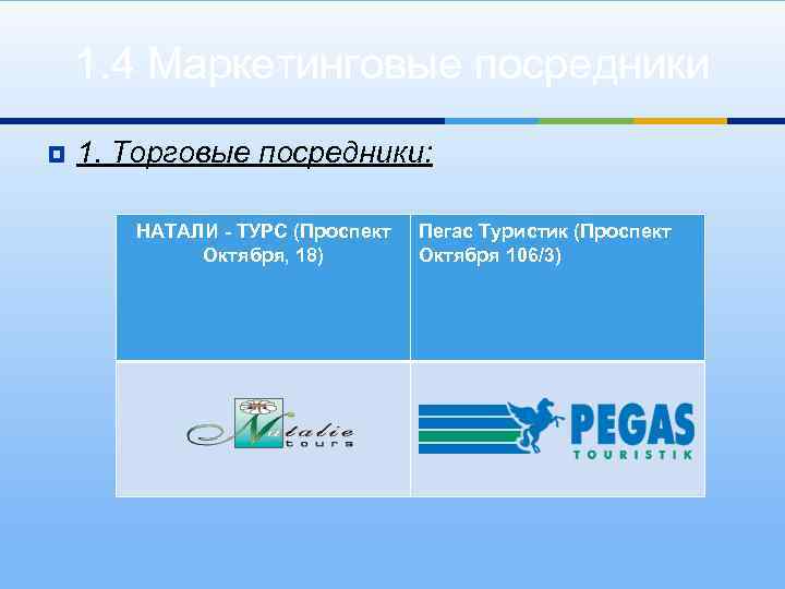 1. 4 Маркетинговые посредники ¥ 1. Торговые посредники: НАТАЛИ - ТУРС (Проспект Октября, 18)