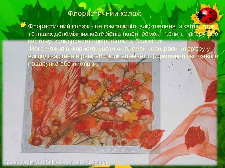 Флористичний колаж - це композиція, виготовлена з квітів, трав та інших допоміжних матеріалів (клей,