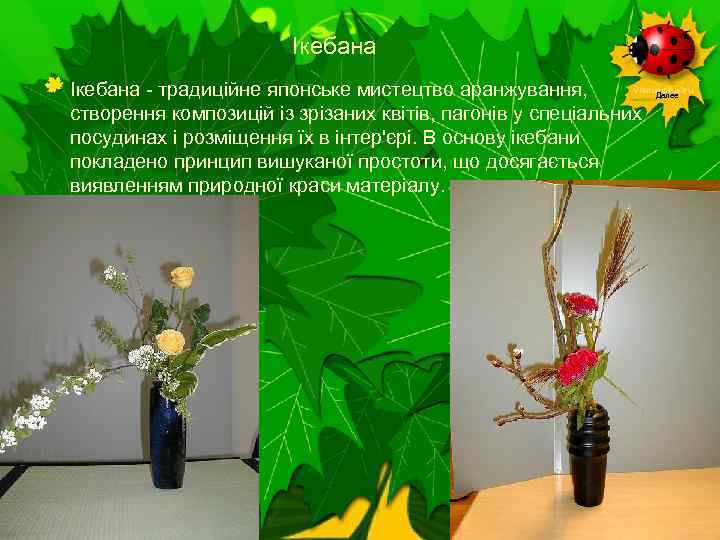 Ікебана - традиційне японське мистецтво аранжування, створення композицій із зрізаних квітів, пагонів у спеціальних