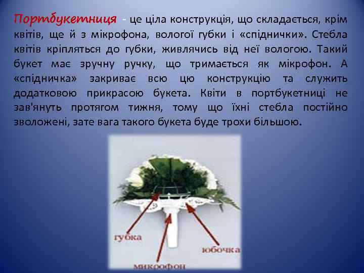 Портбукетниця - це ціла конструкція, що складається, крім квітів, ще й з мікрофона, вологої