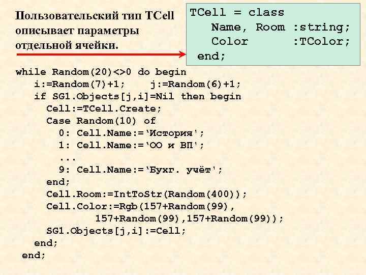 Пользовательский тип TCell описывает параметры отдельной ячейки. TCell = class Name, Room : string;