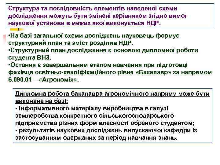 Структура та послідовність елементів наведеної схеми дослідження можуть бути змінені керівником згідно вимог наукової