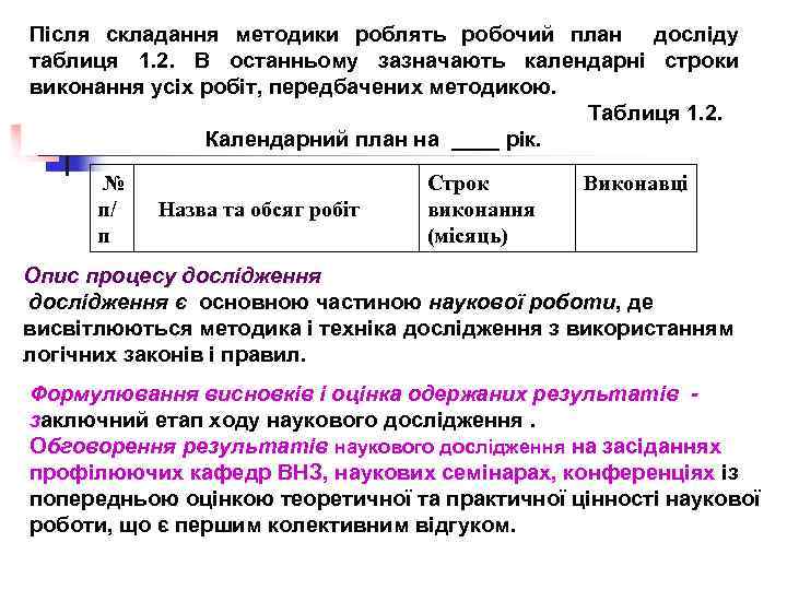 Після складання методики роблять робочий план досліду таблиця 1. 2. В останньому зазначають календарні