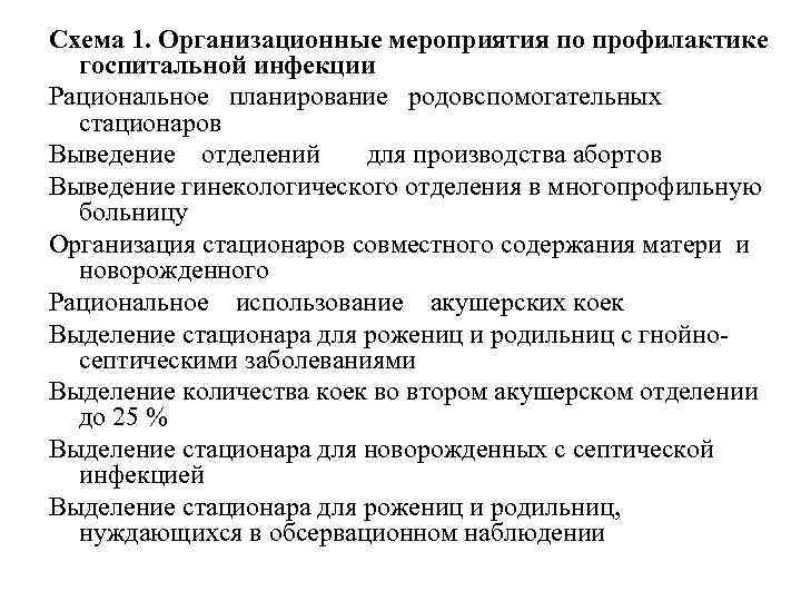 Схема 1. Организационные мероприятия по профилактике госпитальной инфекции Рациональное планирование родовспомогательных стационаров Выведение отделений