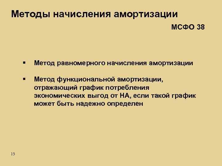 Методы начисления амортизации МСФО 38 § § 15 Метод равномерного начисления амортизации Метод функциональной