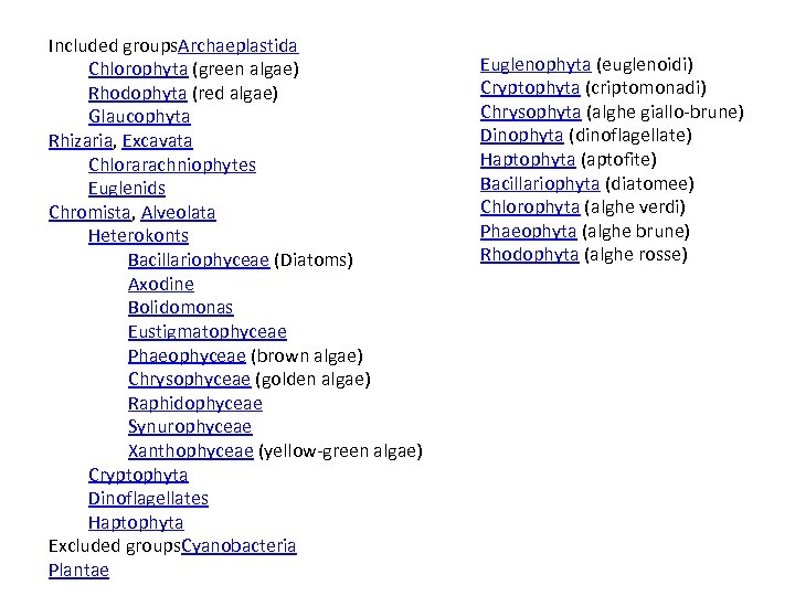 Included groups. Archaeplastida Chlorophyta (green algae) Rhodophyta (red algae) Glaucophyta Rhizaria, Excavata Chlorarachniophytes Euglenids