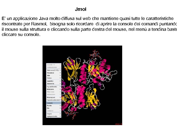 Jmol E’ un applicazione Java molto diffusa sul web che mantiene quasi tutte le