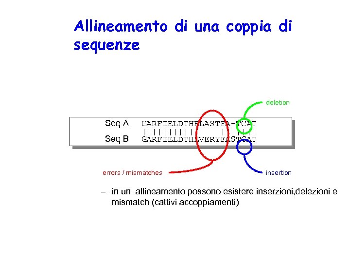 Allineamento di una coppia di sequenze deletion Seq A Seq B GARFIELDTHELASTFA-TCAT |||||| ||