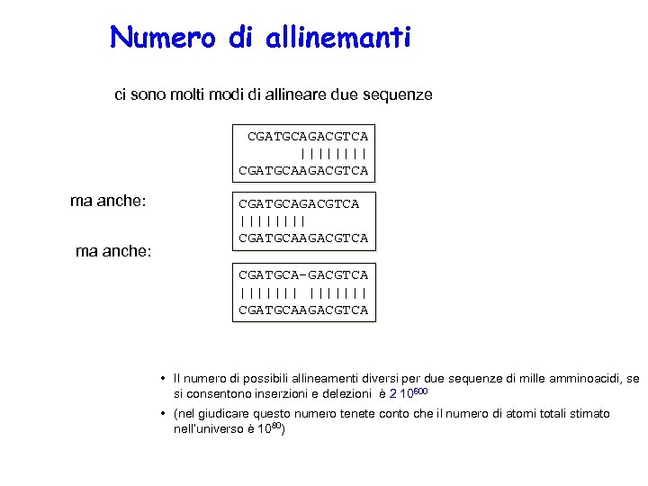 Numero di allinemanti ci sono molti modi di allineare due sequenze CGATGCAGACGTCA |||| CGATGCAAGACGTCA