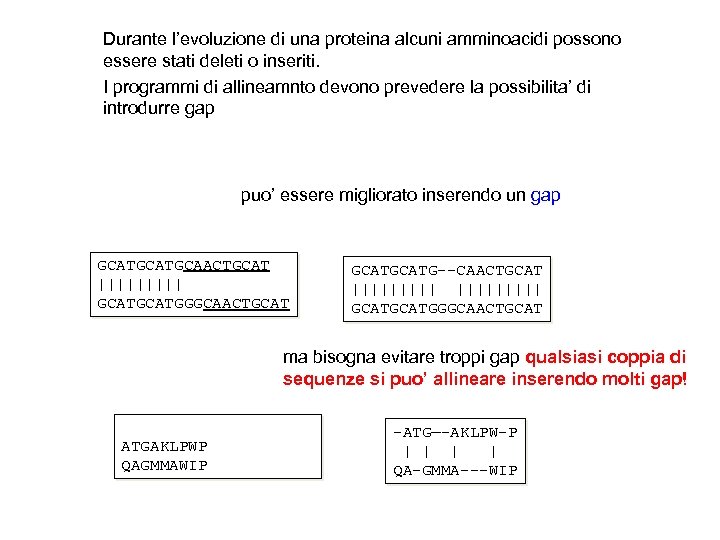 Durante l’evoluzione di una proteina alcuni amminoacidi possono essere stati deleti o inseriti. I