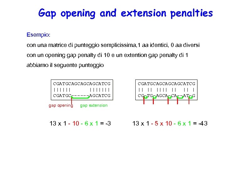 Gap opening and extension penalties Esempio: con una matrice di punteggio semplicissima, 1 aa