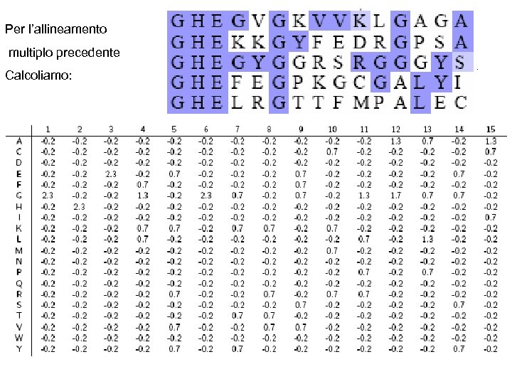 Per l’allineamento multiplo precedente Calcoliamo: 