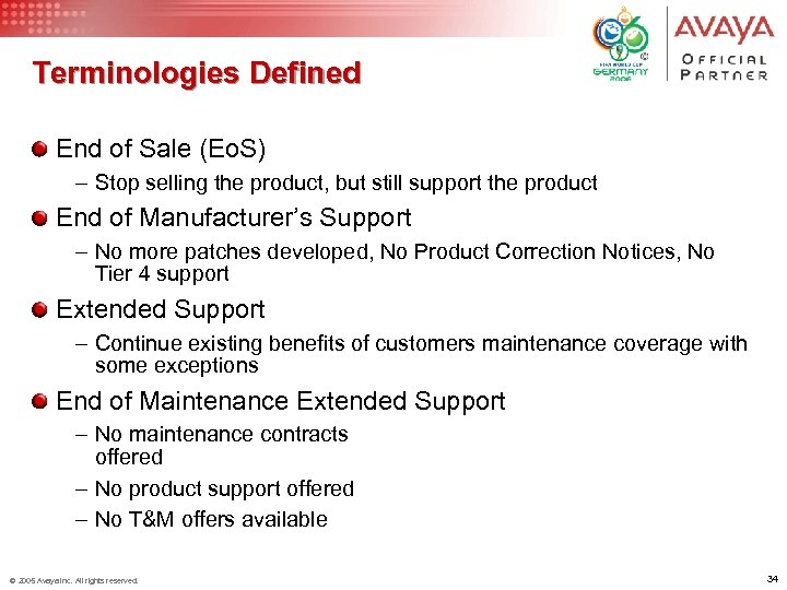 Terminologies Defined End of Sale (Eo. S) – Stop selling the product, but still