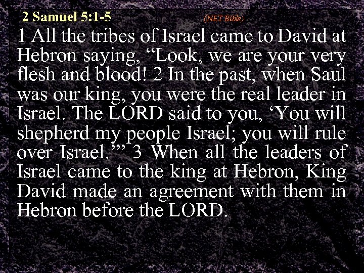 2 Samuel 5: 1 -5 (NET Bible) 1 All the tribes of Israel came