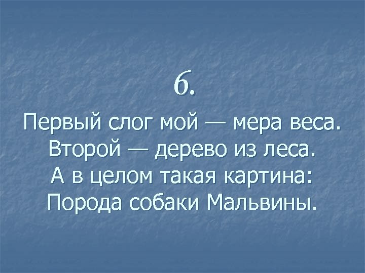 6. Первый слог мой — мера веса. Второй — дерево из леса. А в