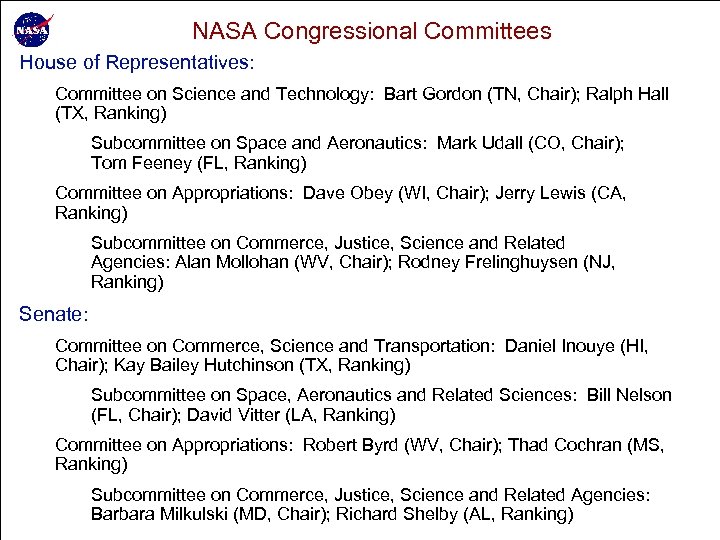 NASA Congressional Committees House of Representatives: Committee on Science and Technology: Bart Gordon (TN,