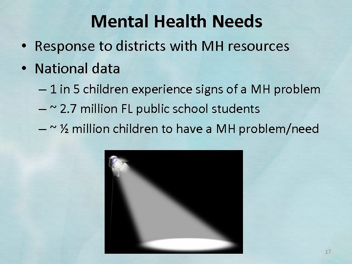 Mental Health Needs • Response to districts with MH resources • National data –