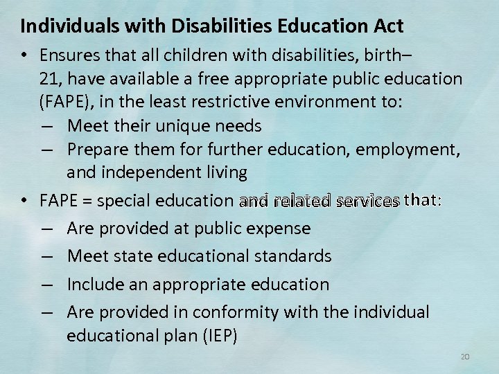 Individuals with Disabilities Education Act • Ensures that all children with disabilities, birth– 21,